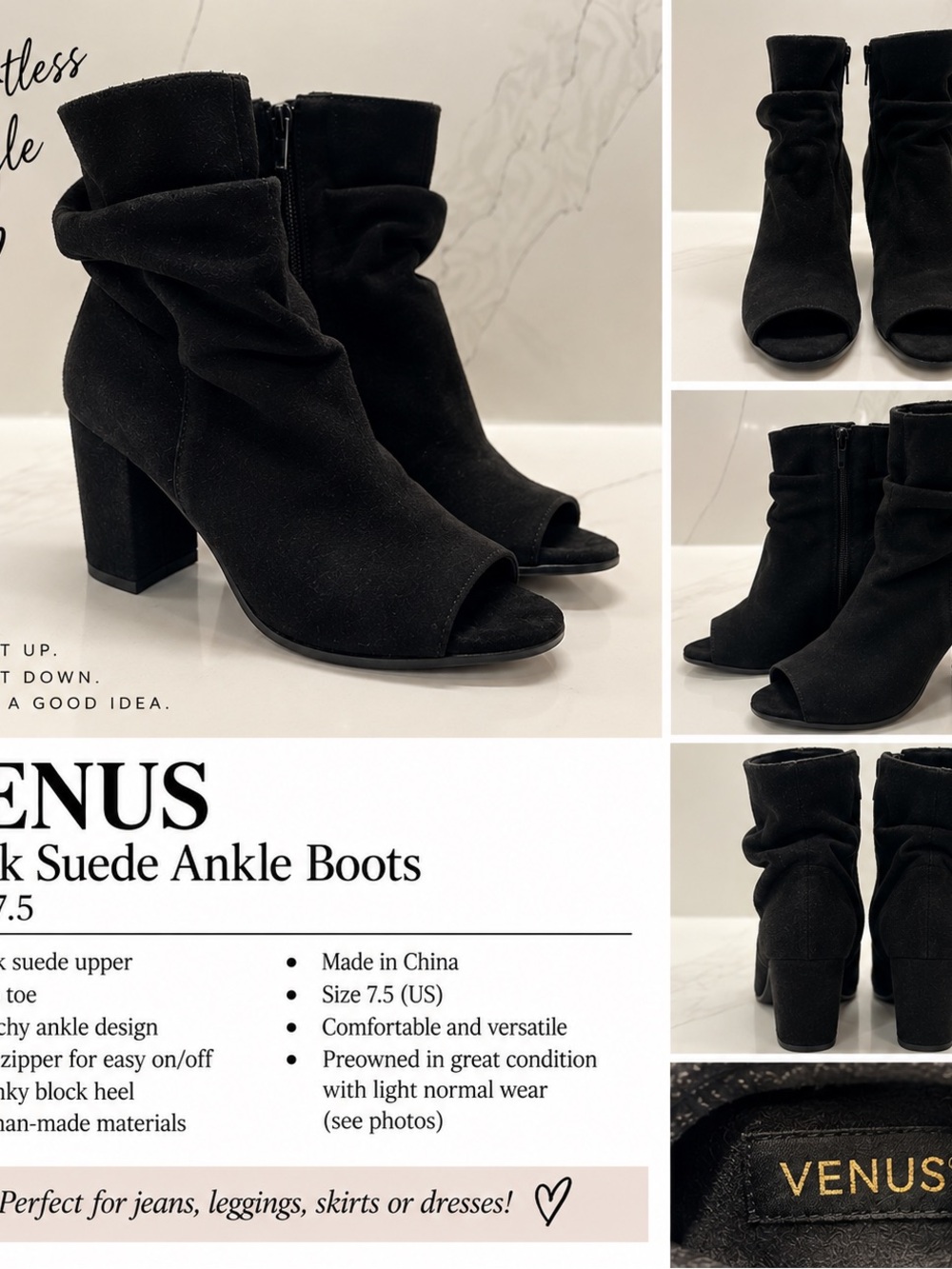 VENUS Black Suede Peep-Toe Slouch Ankle Boots